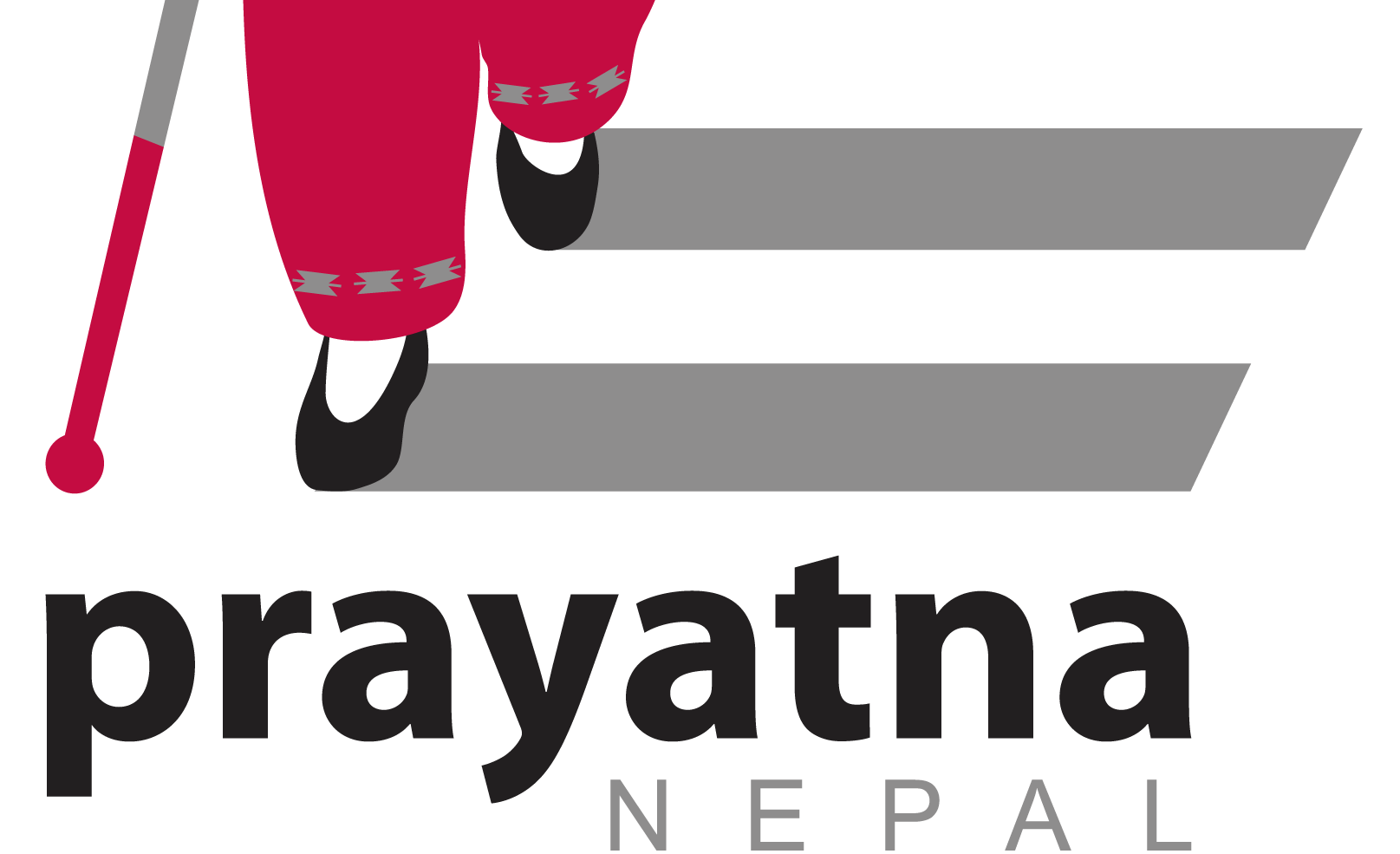 Logo of Prayatna Nepal showing a pair of legs of a women wearing pink pants and black shoes walking on zebra crossing. A tip of white cane with same color is also shown. Bottom part contains name of the organization.