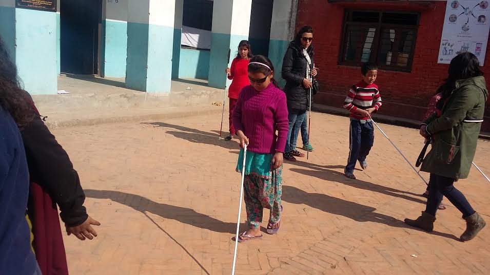 Visually impaired people learning to walk using white cane