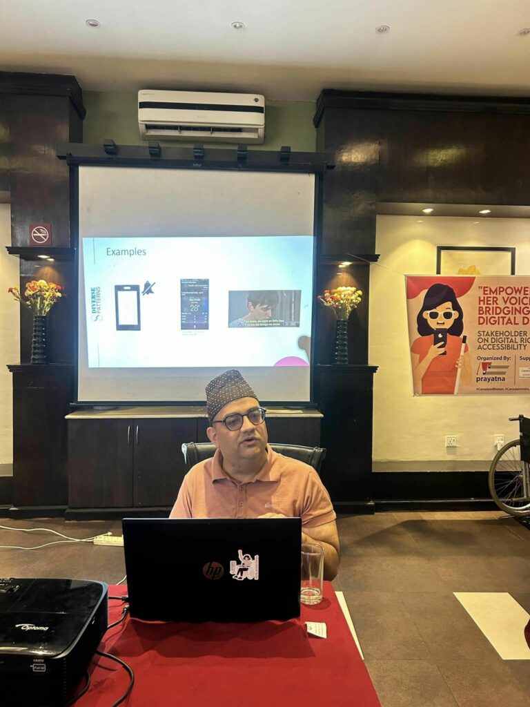 Mr. Sagar Prasai facilitating theoretical session on Digital accessibility with displaying on a projector.